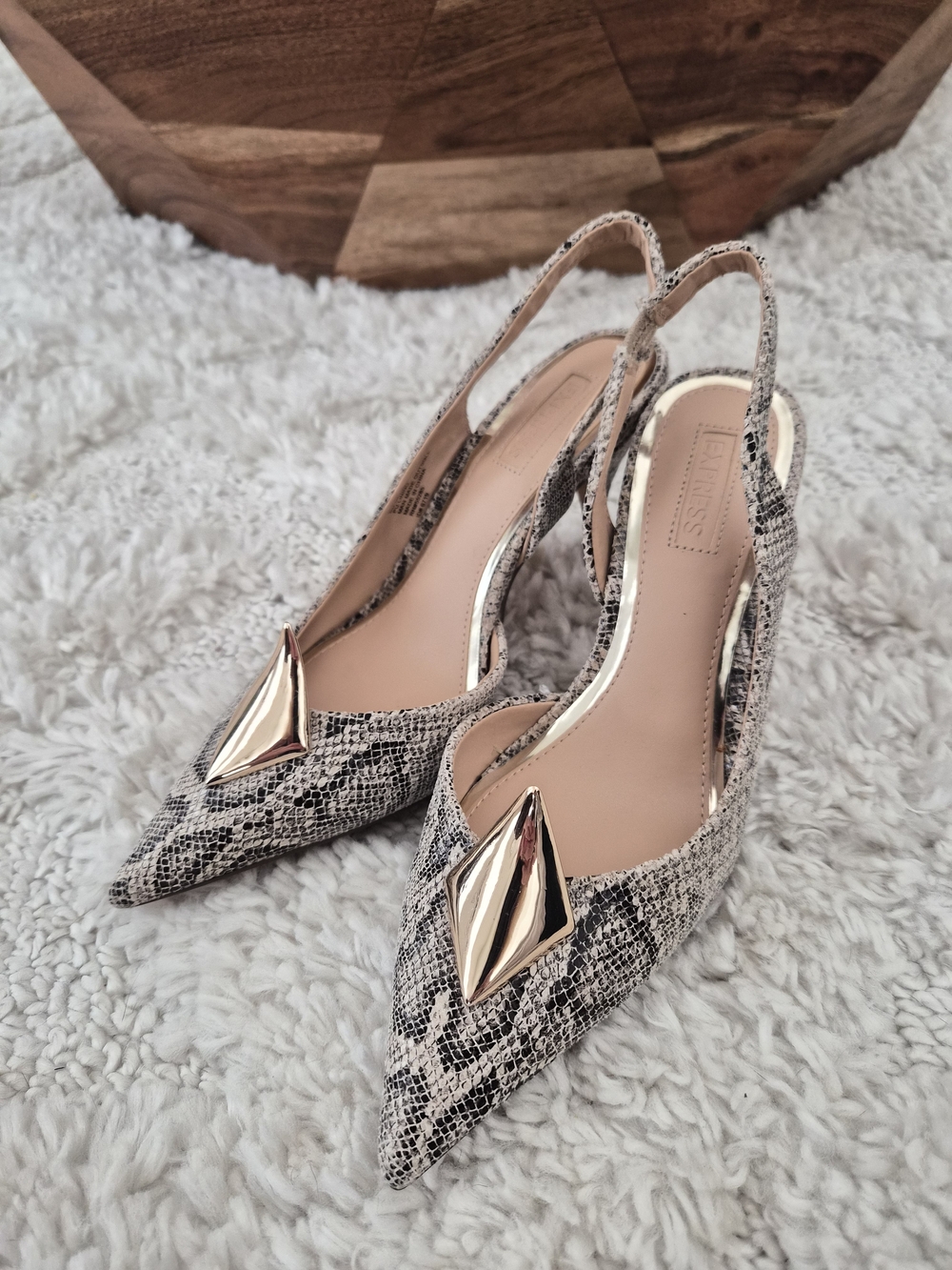 Express Snake-Print Pointed Slingback Heels with Gold Accent